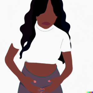 Woman with hands near her bladder, due to cystitis